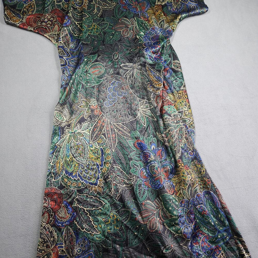 Vintage VIRGO II Wrap Dress Womens 14 Floral Print Metallic Sheen Midi Artsy USA - Picture 12 of 16